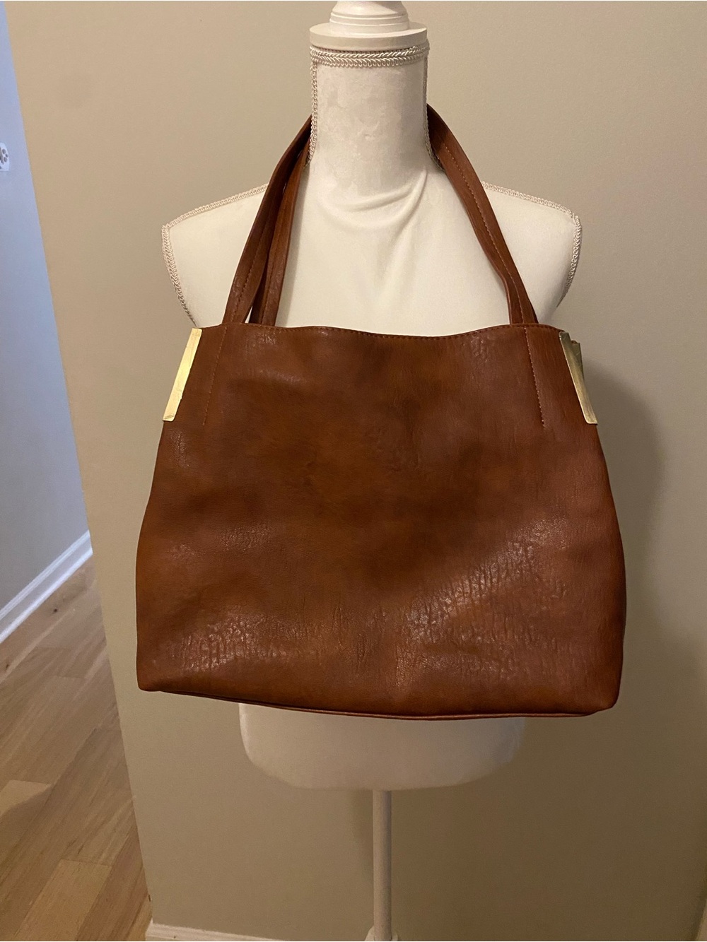 Madison West Classic Brown Faux Leather Tote Bag with Gold Accents